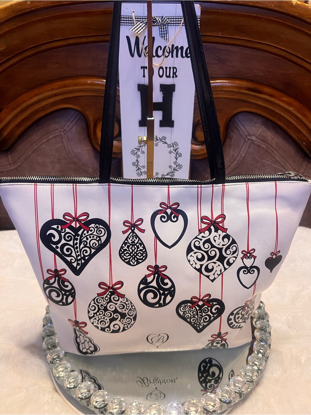 Brighton White and Black Heart & Ornament Motifs and Red Ribbon Accents tote bag - Picture 13 of 16
